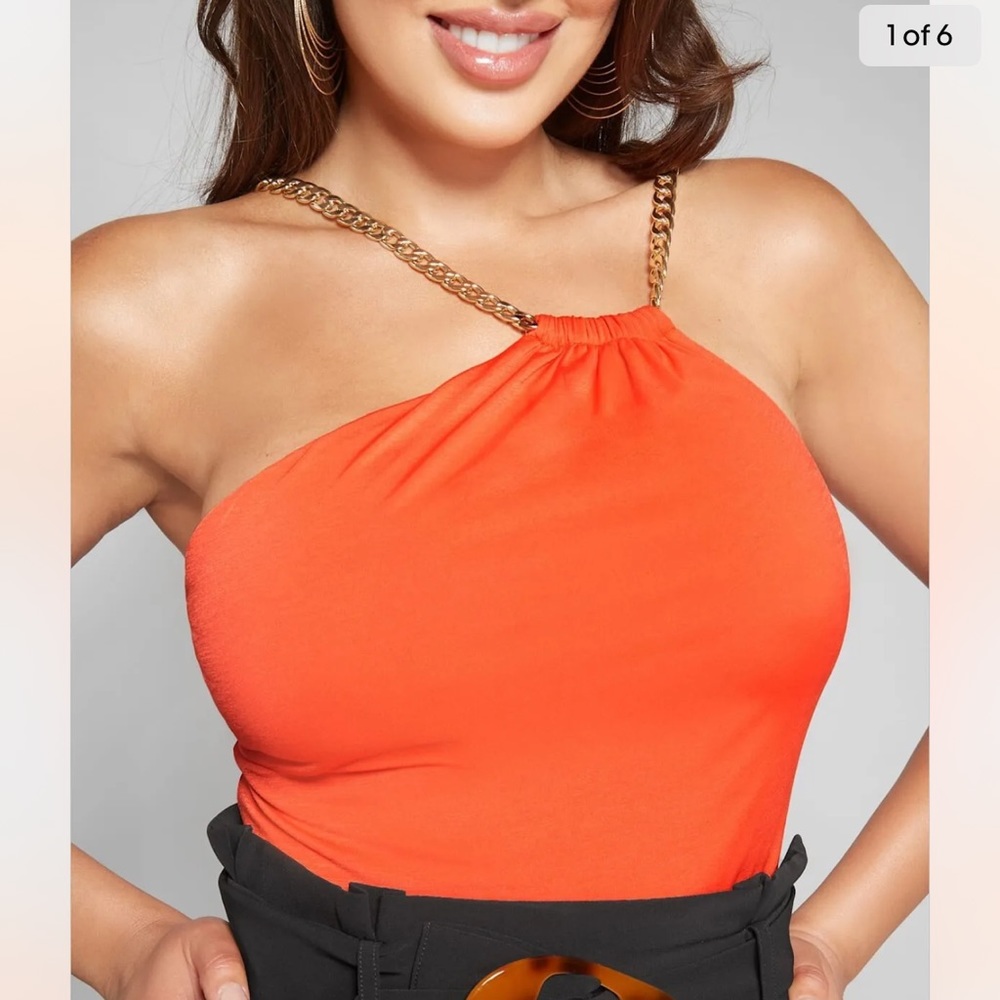 NEW Guess Marciano Mina Gold Tone Chain Sleeveless Summer Orange Top Blouse XS